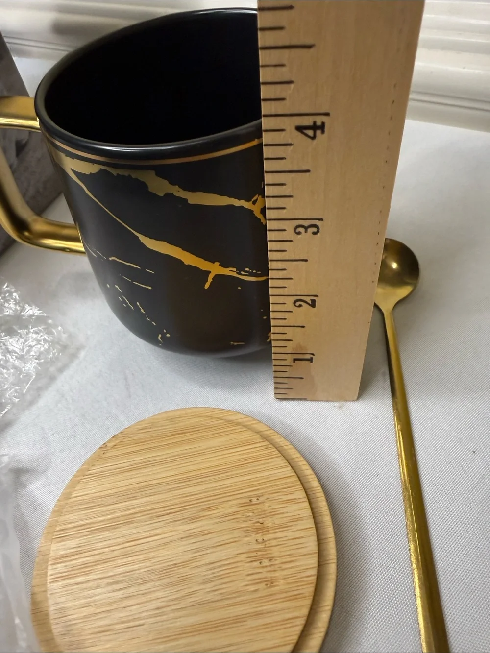 New Fine Bone China with Gold Mug with Acacia Lid and Accent Spoon New in Box
